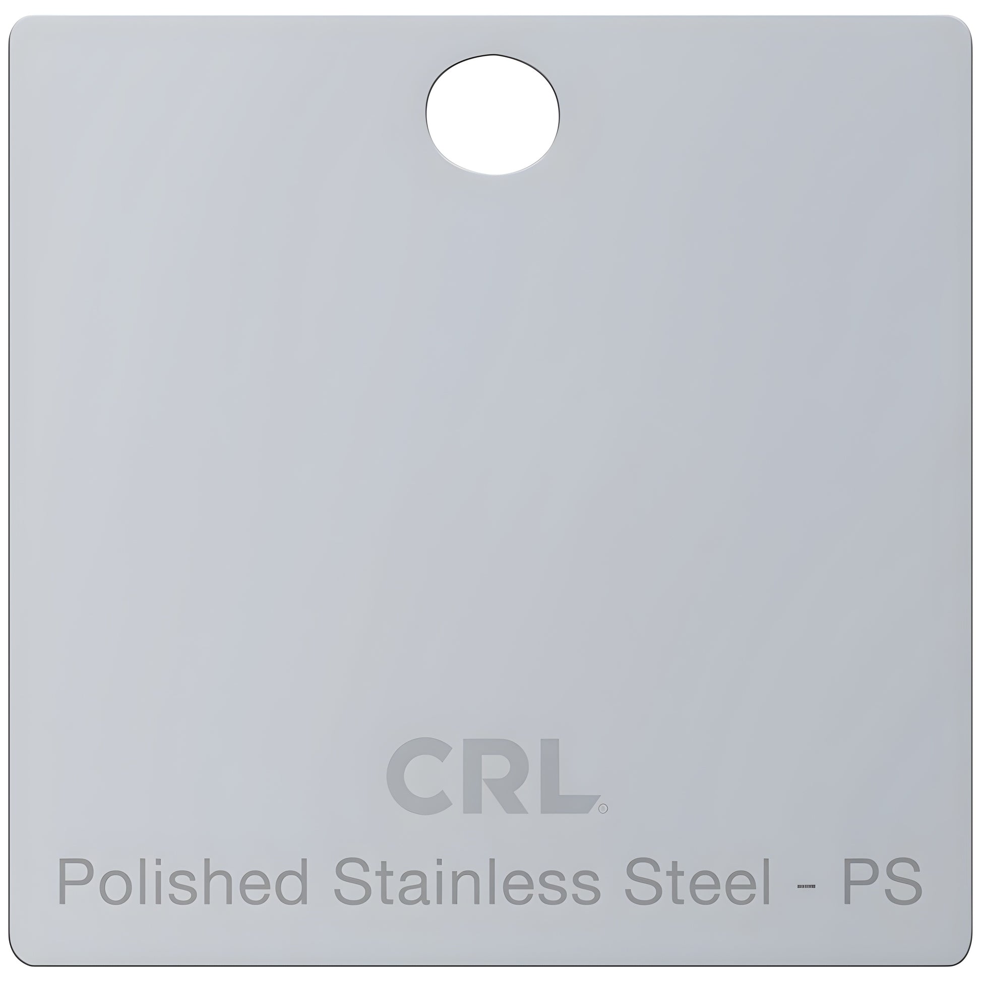 CH2PPS polished stainless steel finish sample chip with keyhole and CRL logo.