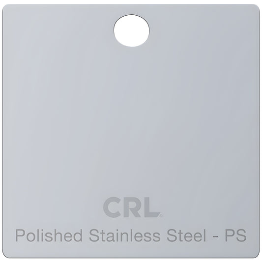 CH2PPS polished stainless steel finish sample chip with keyhole and CRL logo.