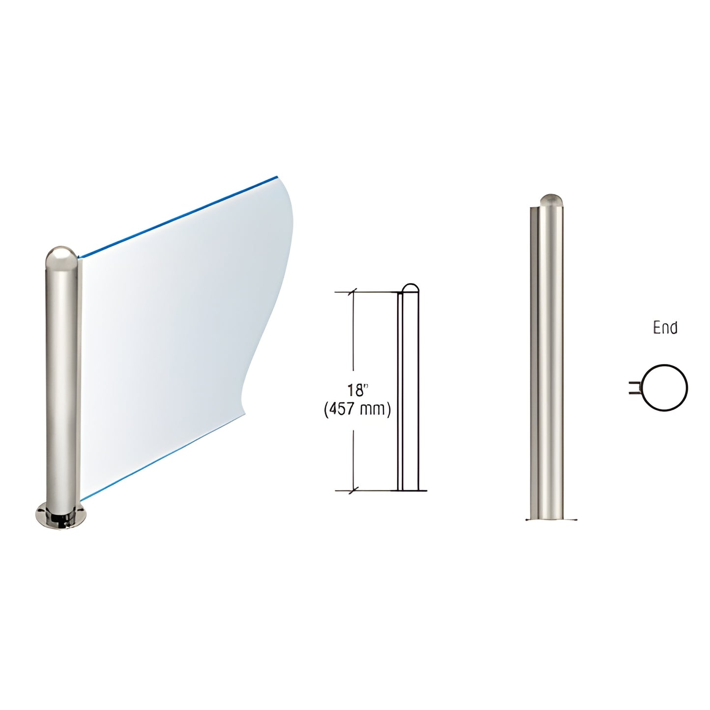 18" polished stainless round partition post (PP09EPS) with dome cap and U channel for 1/4" (6mm) glass.