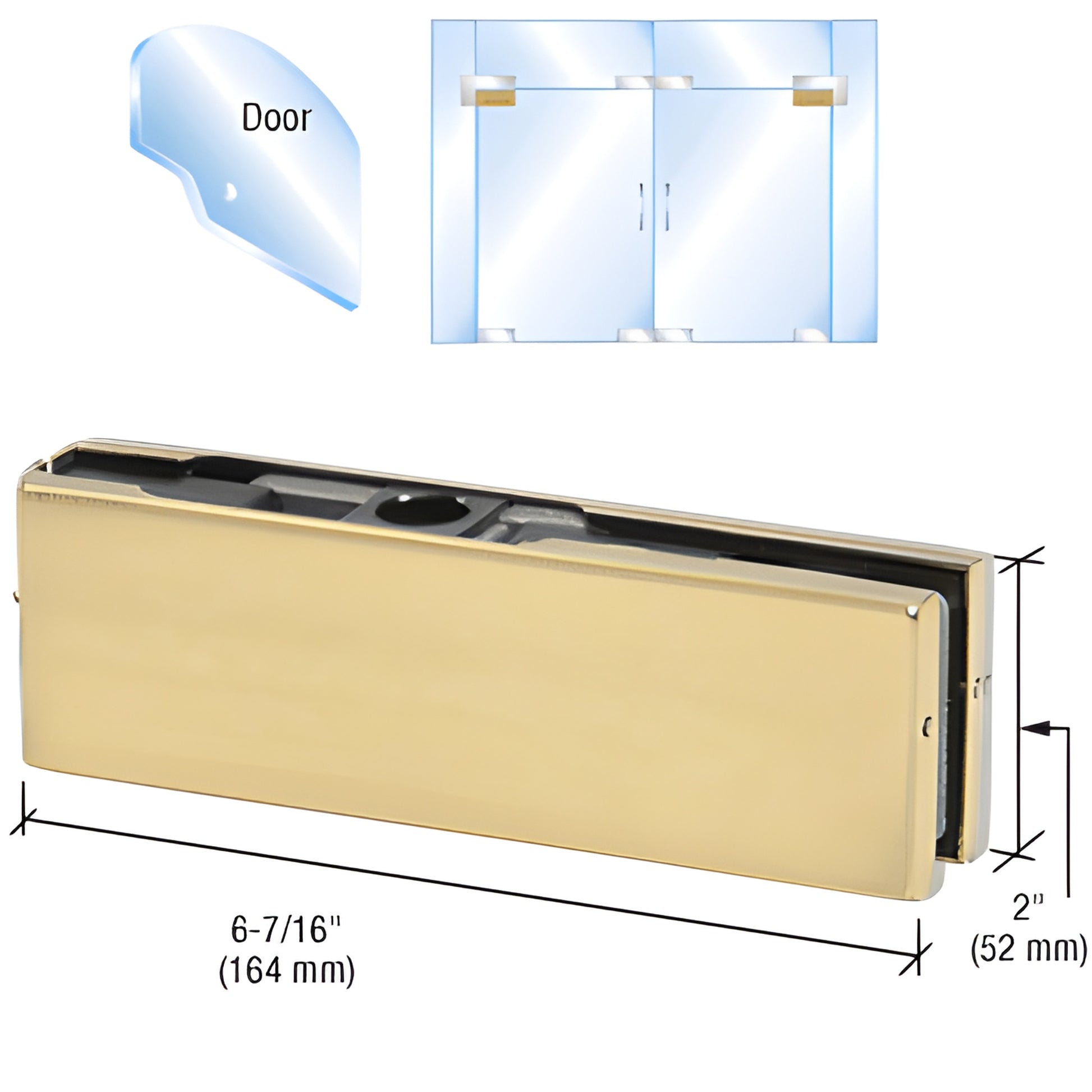 PH21ABR polished brass top patch fitting for 3/8-1/2" glass, 6-7/16" x 2"; commercial frameless door hardware.