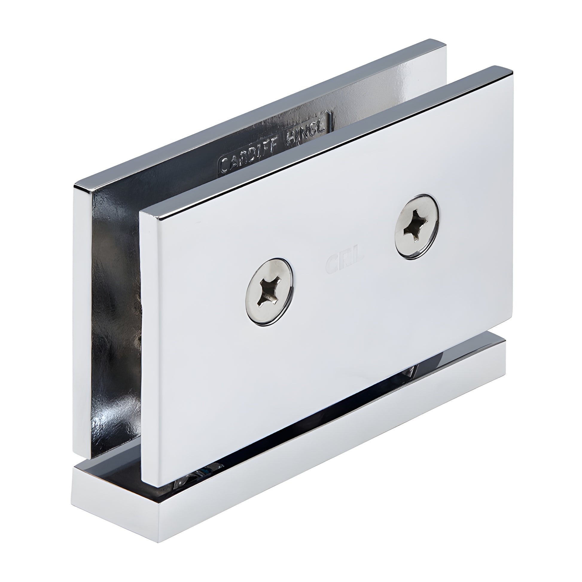 CAR01CH polished chrome squared brass pivot hinge for 8-10mm frameless shower glass, top/bottom mount, self-centering.