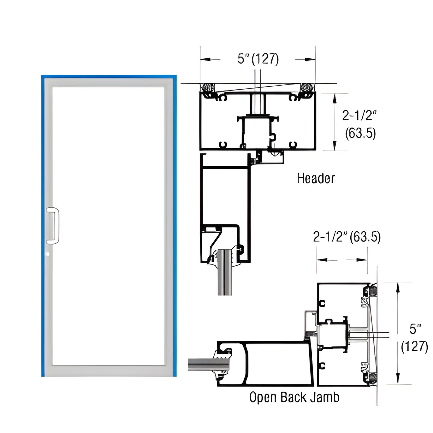 Custom Kynar single up-and-over hurricane impact door frame (2-1/2 x 5 in), jamb and header cross-sections. SKU 0F41871