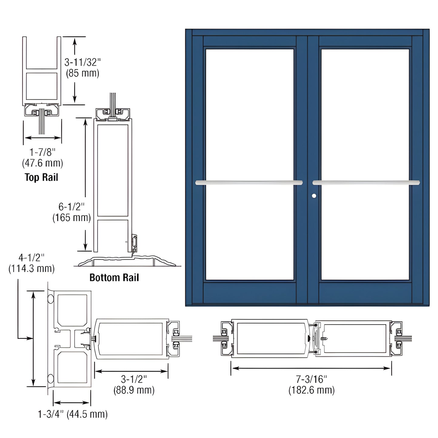 DC82771: blue Kynar Durafront double commercial entry doors with large glass lites, center pivot and push bars