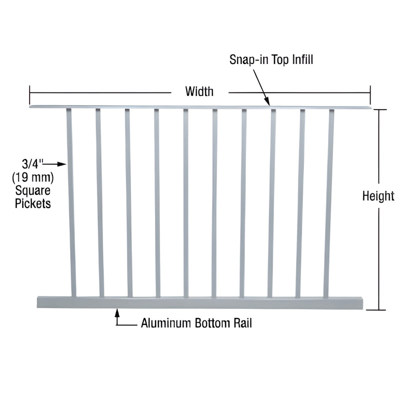 Aluminum picket fence panel, mill finish, 10 square pickets, snap-in top infill and bottom rail - SKU P4836M