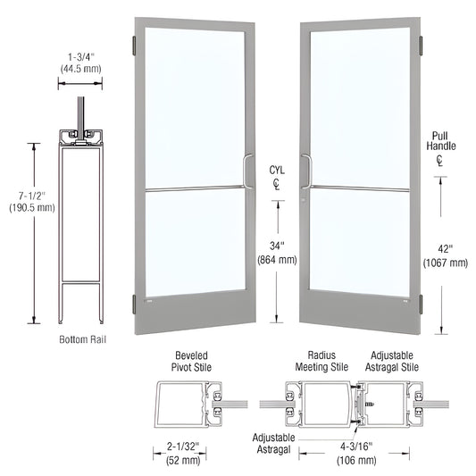 HE22511 clear anodized narrow-stile commercial entrance door with 2" stiles, tempered glass, 7-1/2" bottom rail.