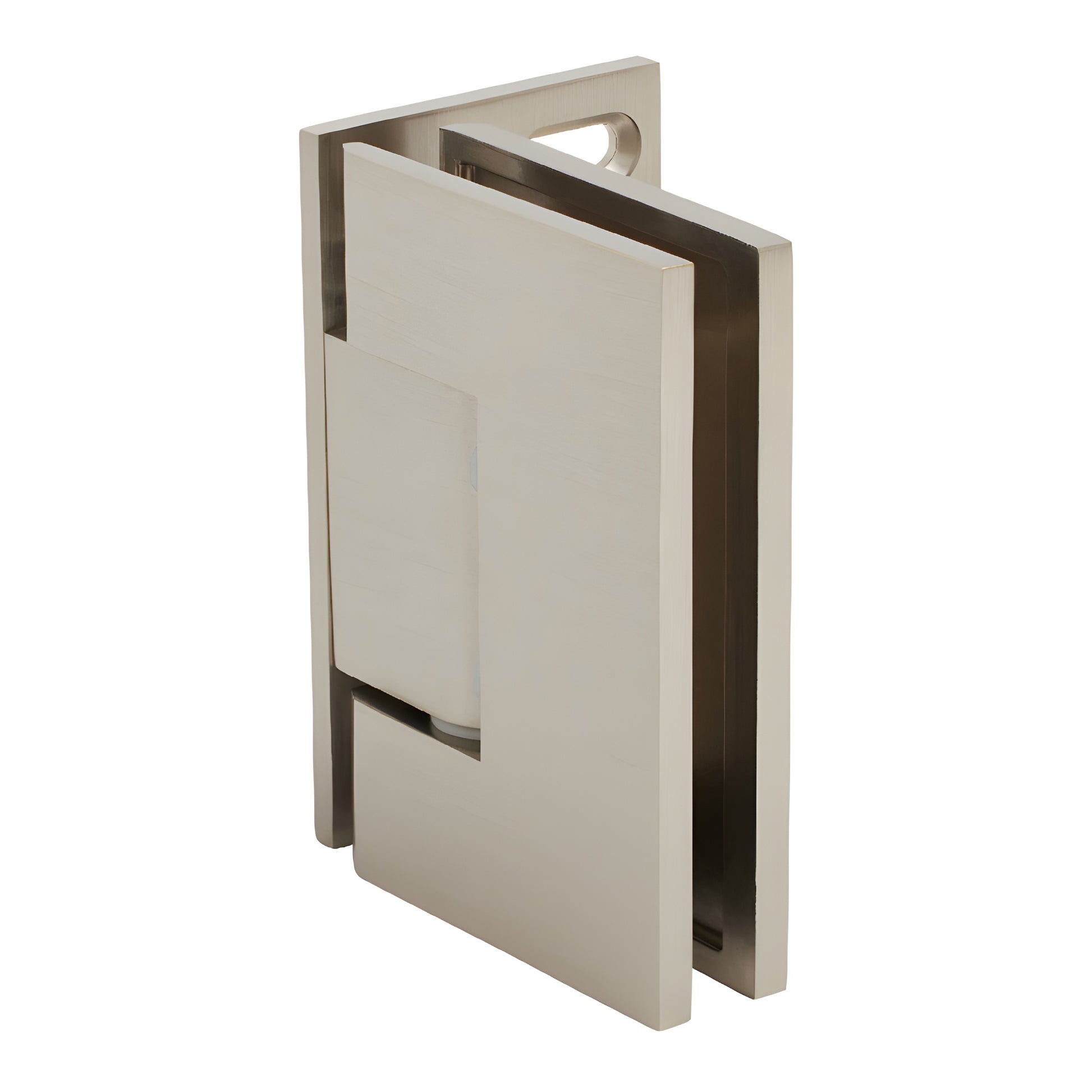 MEL024BN brushed nickel solid brass shower hinge for 8-12mm tempered glass, wall-mount self-centering.
