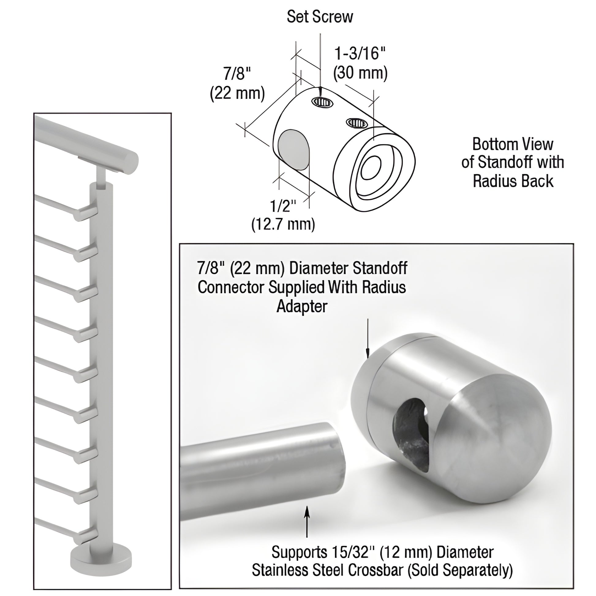 CBR4BS brushed stainless steel 7/8 in standoff connector for 12 mm crossbar, slip-fit surface mount for 1.5-2 in posts