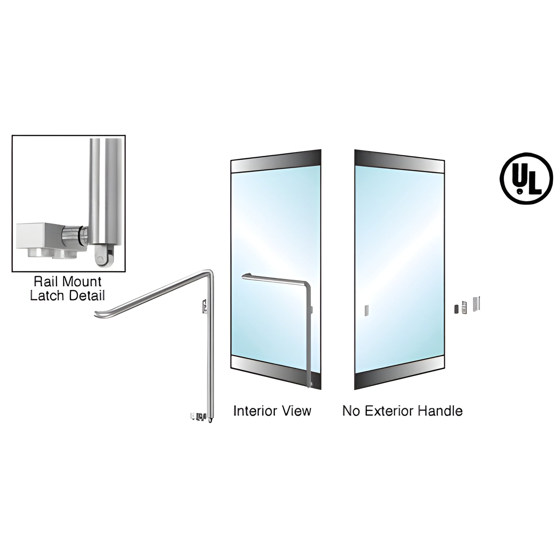 Brushed stainless glass door panic handle, 1-1/4 in. dia rail-mount for 3/4 in. tempered glass, right-hand