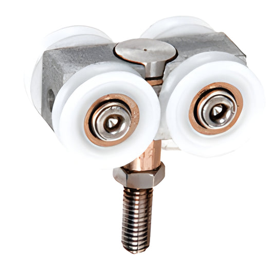 SKU 0TCA: OT Series carriage assembly with four white nylon rollers, bronze bushings and threaded stainless hanging bolt