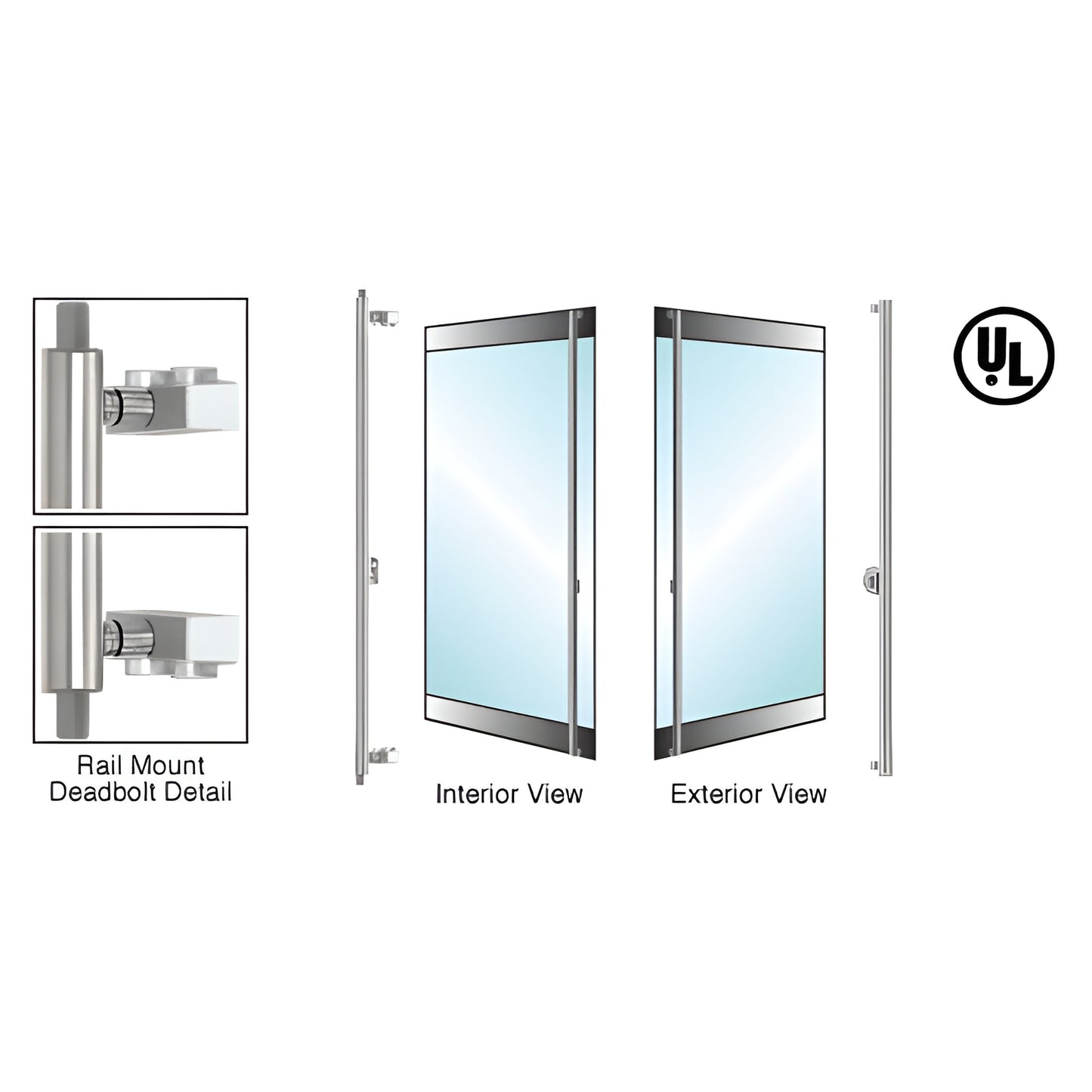 Brushed stainless rail-mount deadbolt handle for glass doors, 1-1/4 in dia, top & bottom locks. SKU DB132F3RKBS