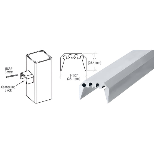 RCB2 aluminum mill finish rail connecting block, 1" x 1-1/2", profile and installation diagram for 200-400 series rails.