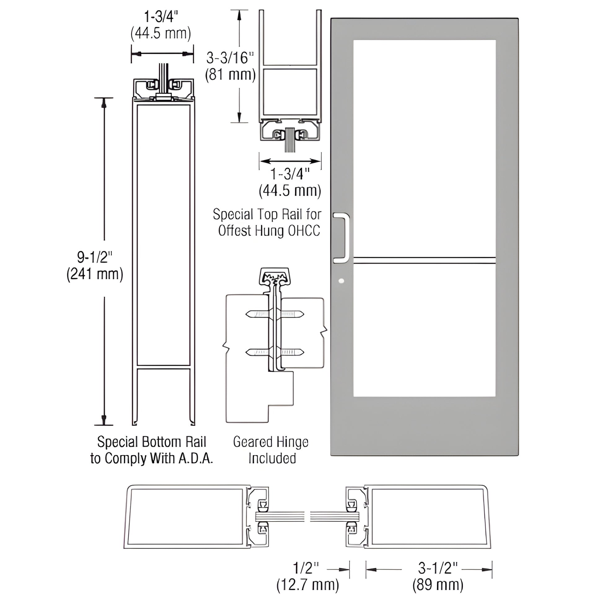 CRL CD41911 clear anodized medium-stile entrance door, 9-1/2" ADA rail, fits 1/4" tempered glass; hardware included
