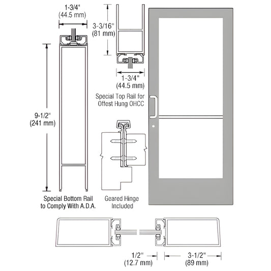 CRL CD41911 clear anodized medium-stile entrance door, 9-1/2" ADA rail, fits 1/4" tempered glass; hardware included