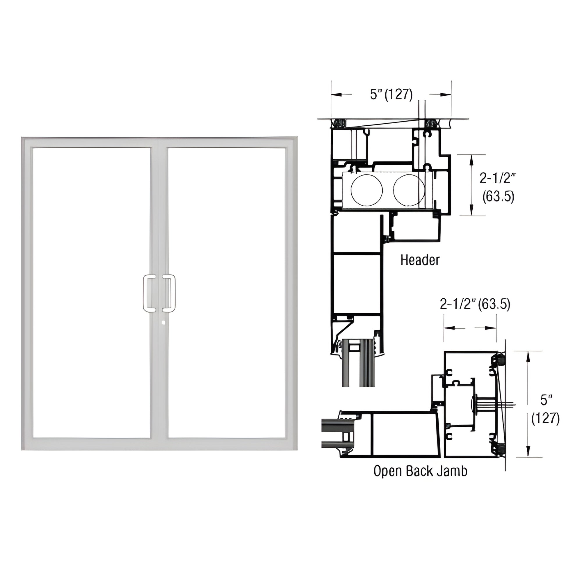 Clear anodized up/over paired hurricane impact door frame SKU 0F72911, double doors with air threshold and section drawing
