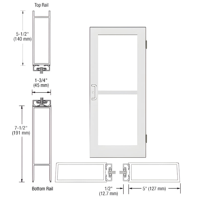 White Kynar custom wide-stile commercial entrance door (SKU HZ51552) with tempered glass, panic pull and 5" stiles.