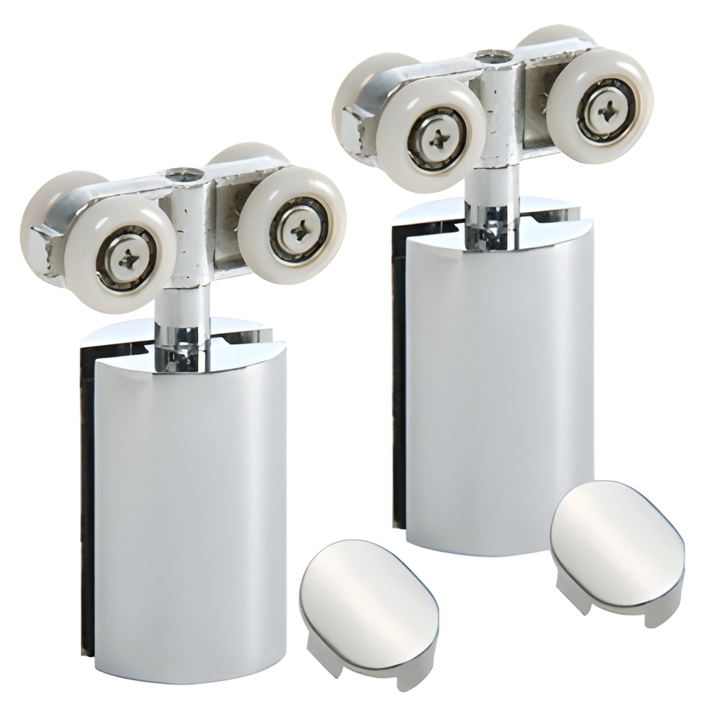 HYD01CH Polished chrome Hydroslide sliding door hanger kit - two rollers, two glass hangers and two snap-in screw covers.