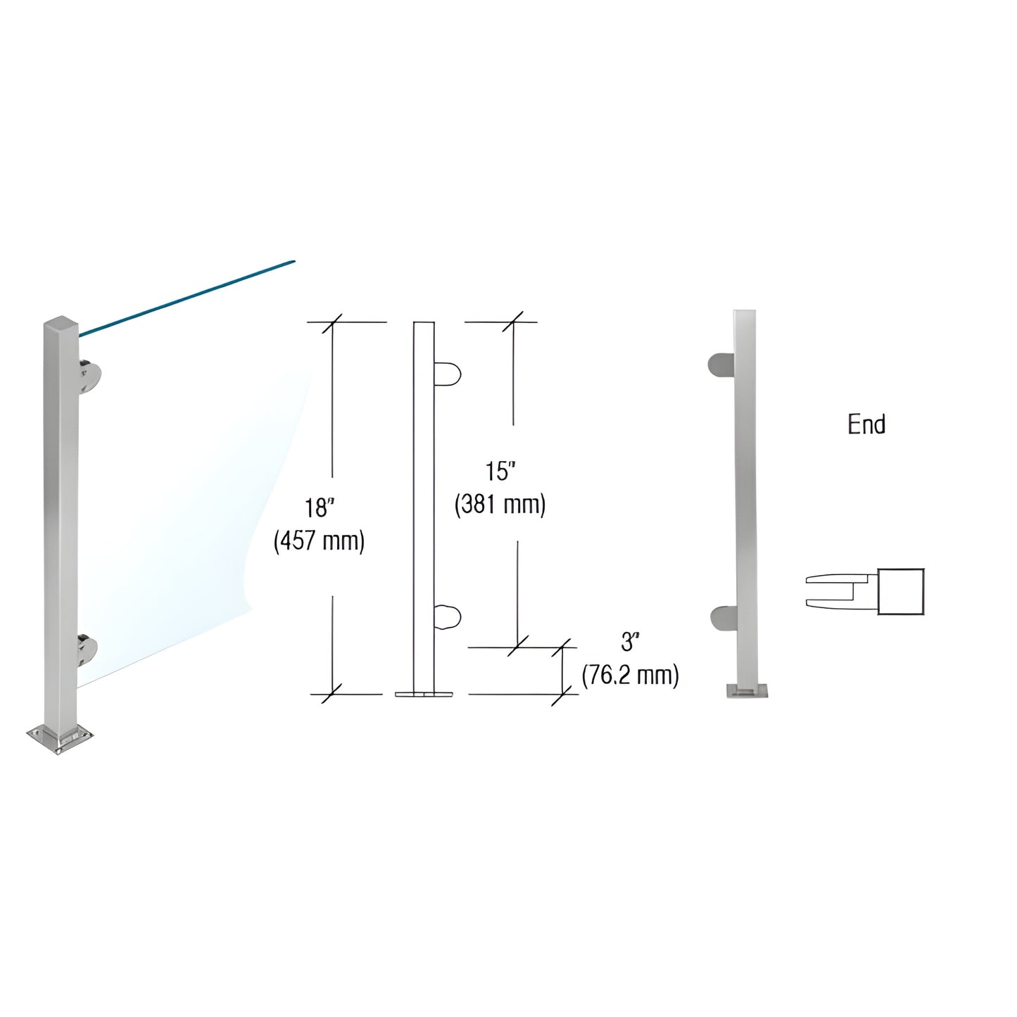 PP48EBS: 18 in stainless steel Plaza end post with welded square base, flat cap and Z clamps for 1/4 in glass