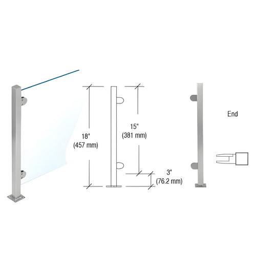 PP48EBS: 18 in stainless steel Plaza end post with welded square base, flat cap and Z clamps for 1/4 in glass