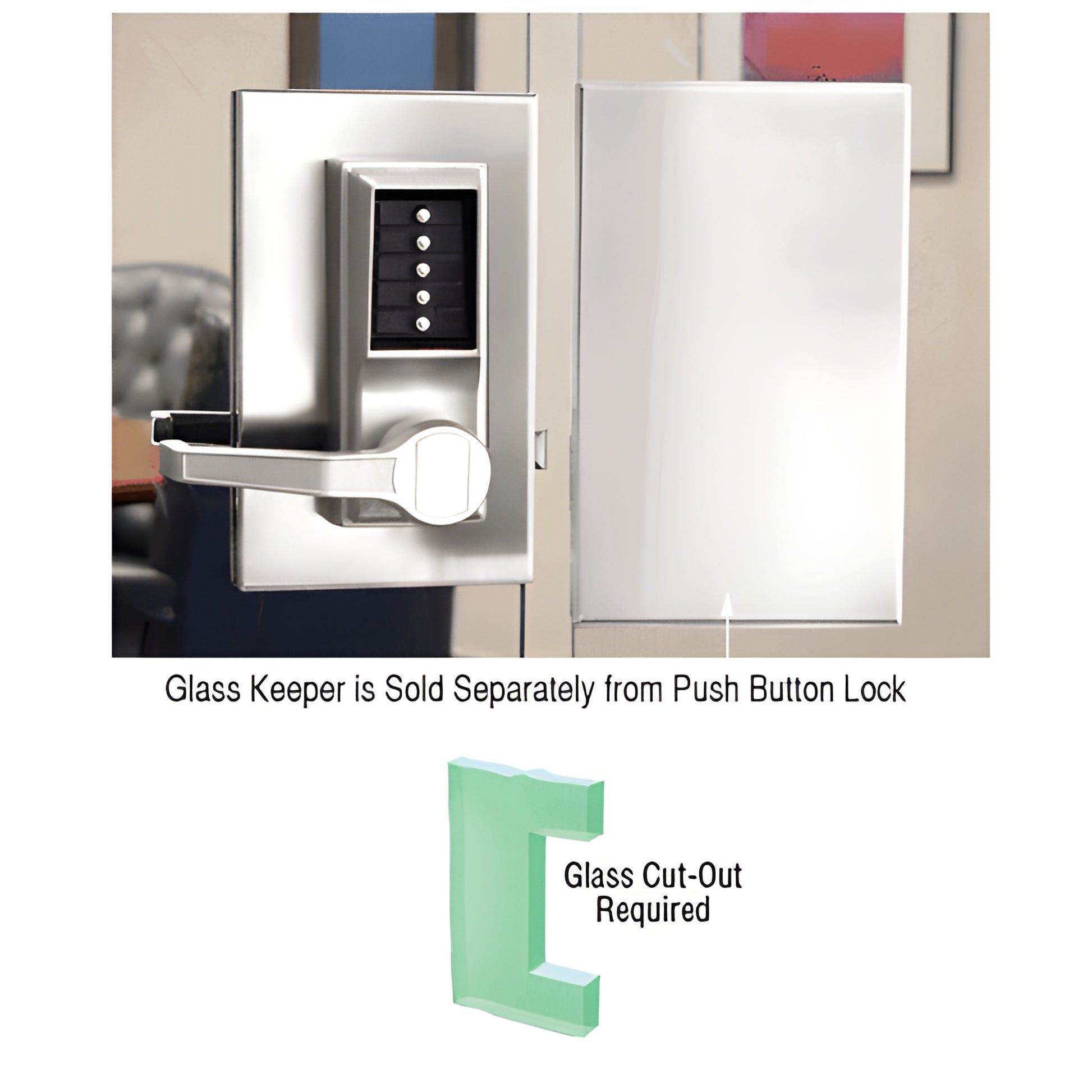 DLK610LCPS polished stainless steel 6x10 center lock keeper for 1/2 in glass, left-hand, accepts push-button lock strike