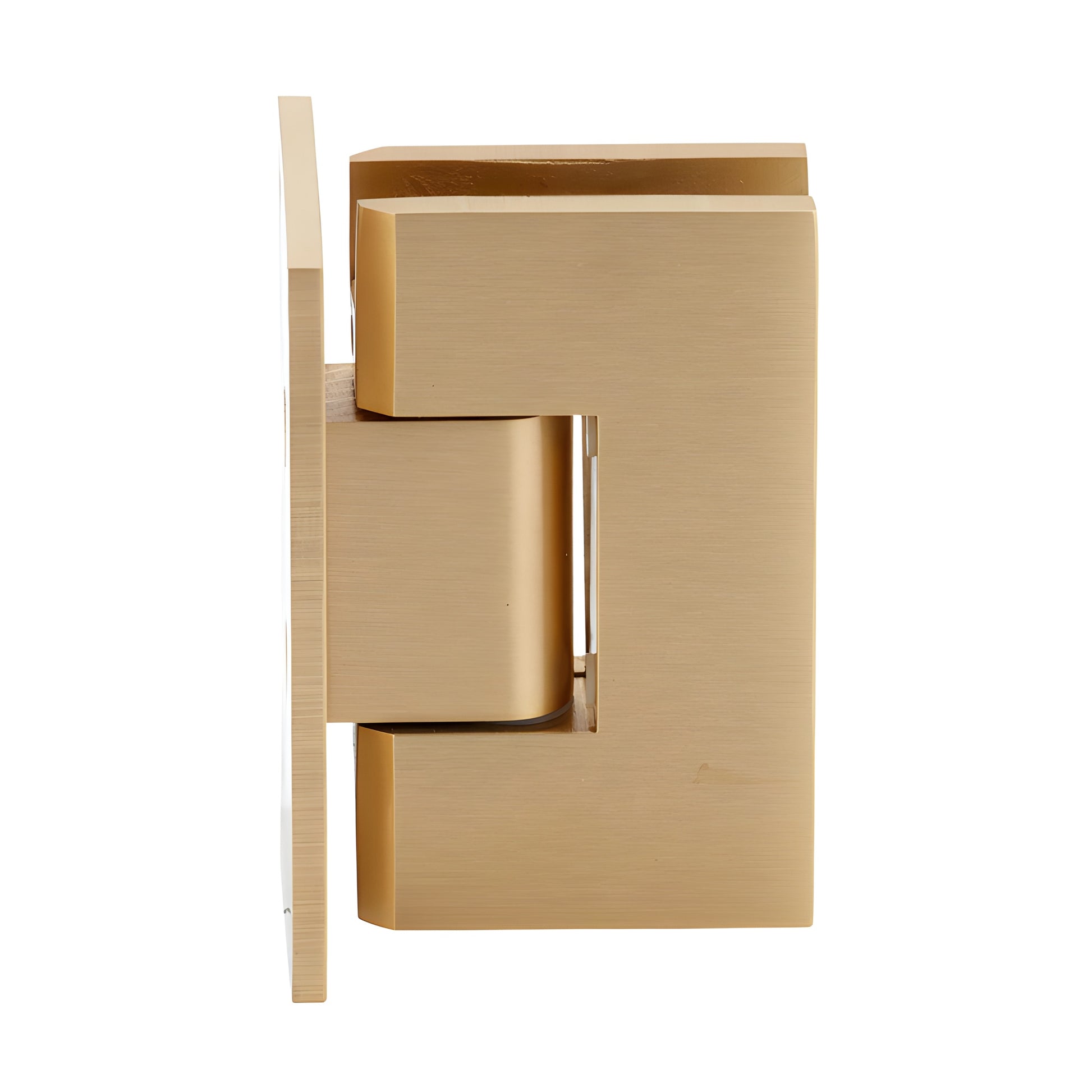 Satin brass Vienna squared shower hinge SKU V1E037SB - wall-mount full back plate, fits 3/8-1/2" (10-12mm) glass.