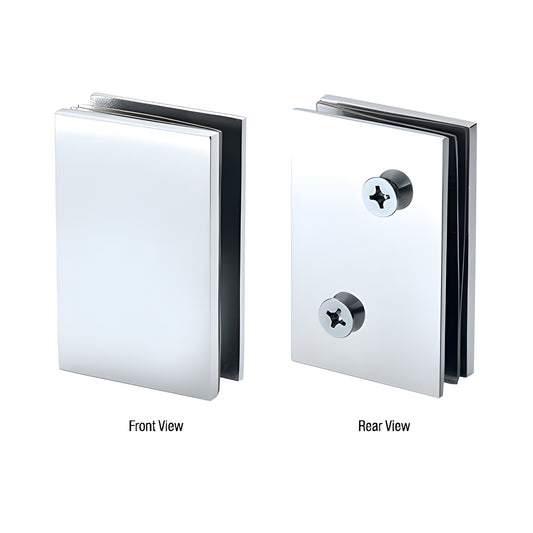 CAM90PS polished stainless 90 glass connector kit - rectangular clamp with screws, front and rear views