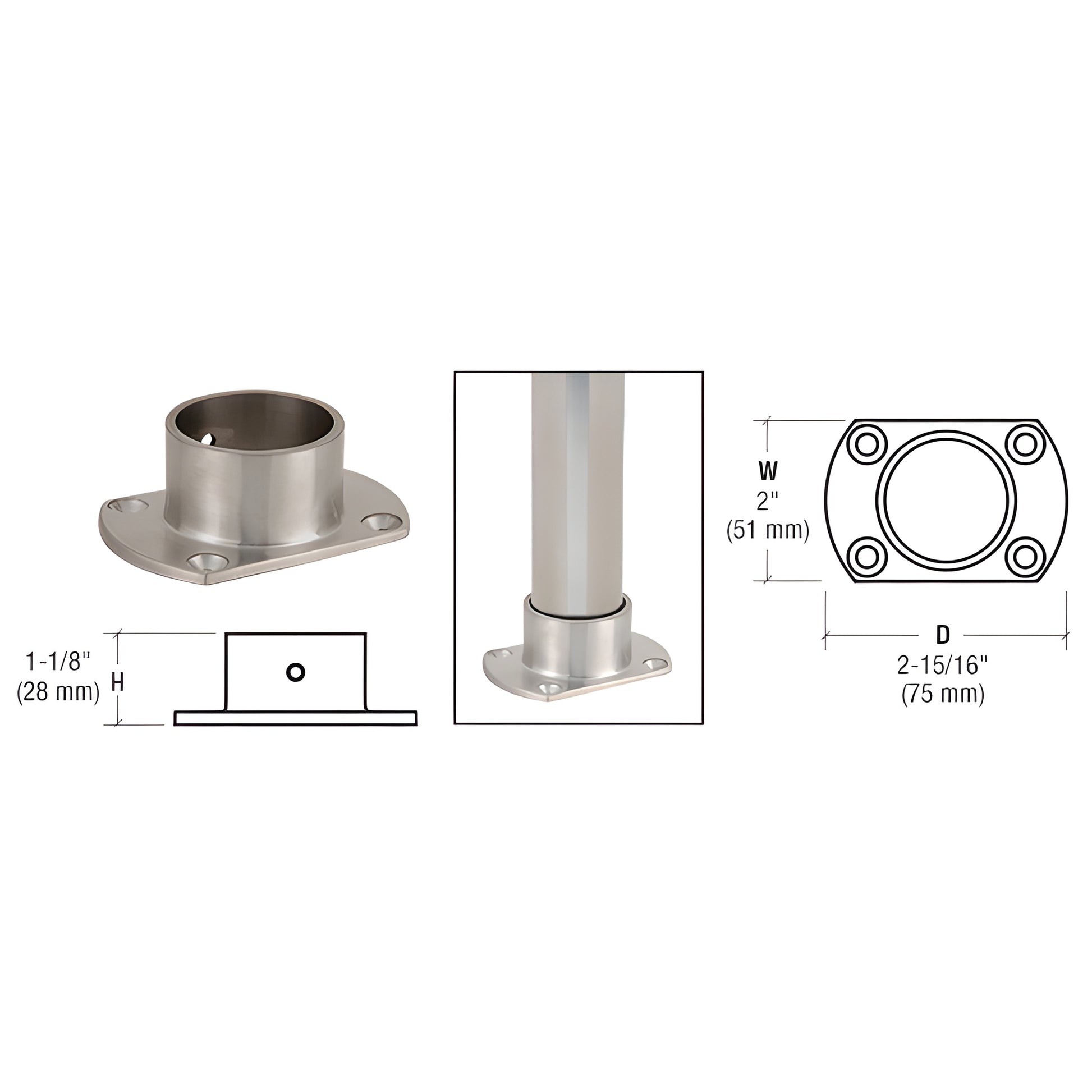 Brushed stainless steel cut flange for partition posts, oval base with four countersunk screw holes, SKU HR15ZBS