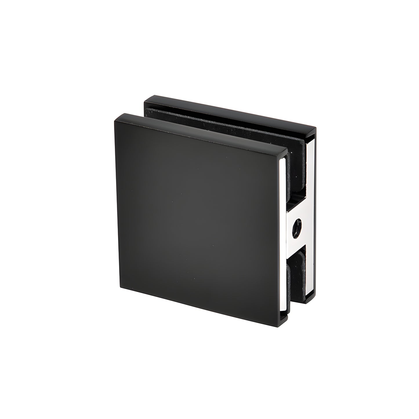 Matte black brass frameless shower Zero Clamp CCS4MBL for 3/8-1/2 in glass, low profile concealed design.