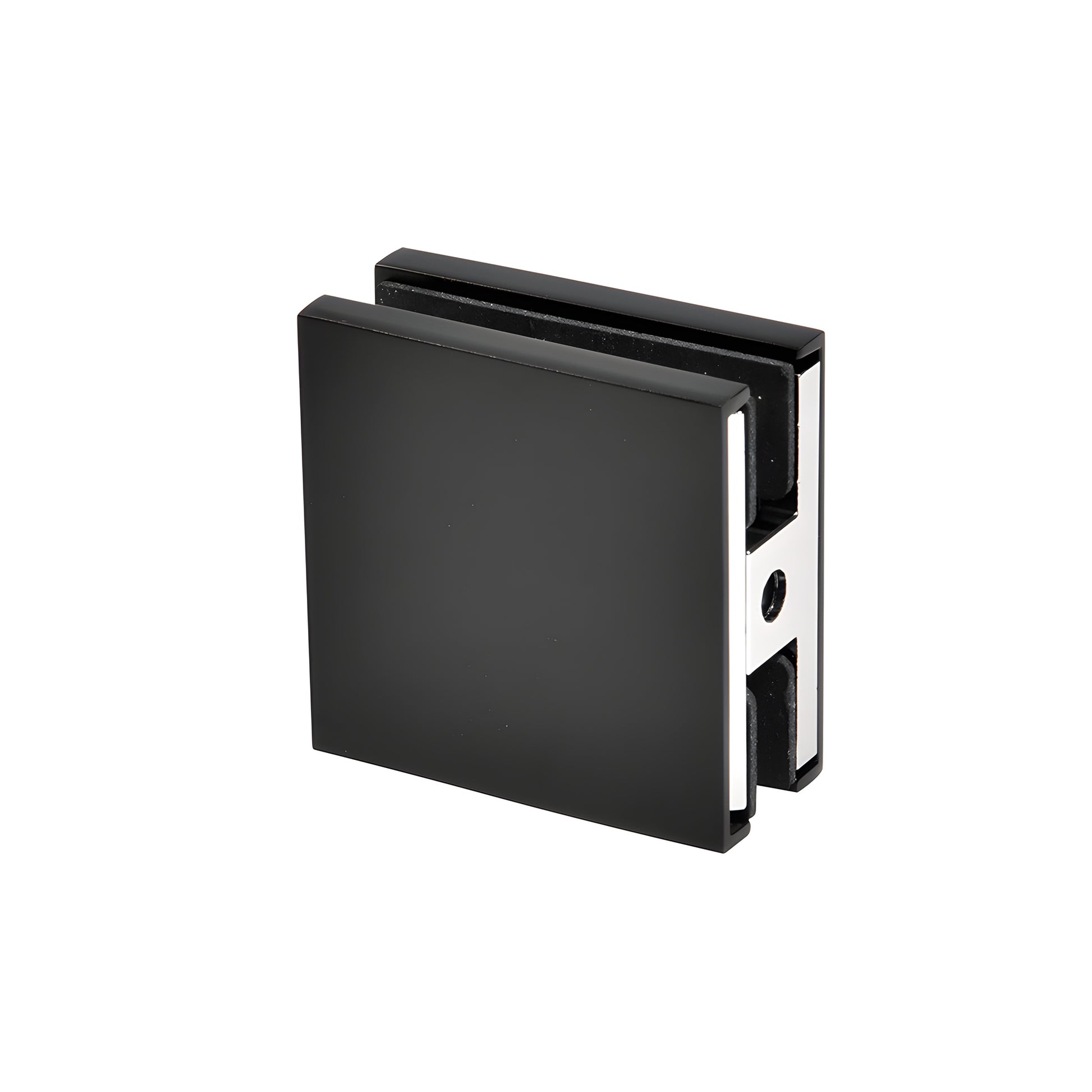 Matte black brass frameless shower Zero Clamp CCS4MBL for 3/8-1/2 in glass, low profile concealed design.