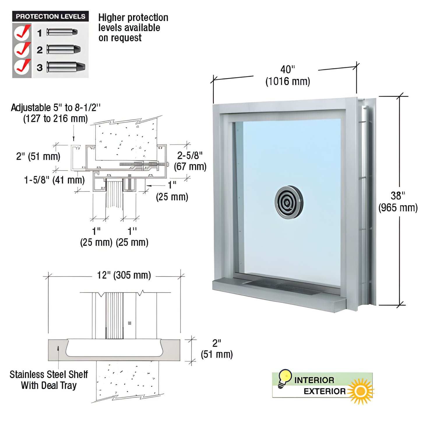 Clamp-on bullet-resistant exchange window with stainless steel shelf, 1-1/4" acrylic glazing and speak-thru, satin anodized f