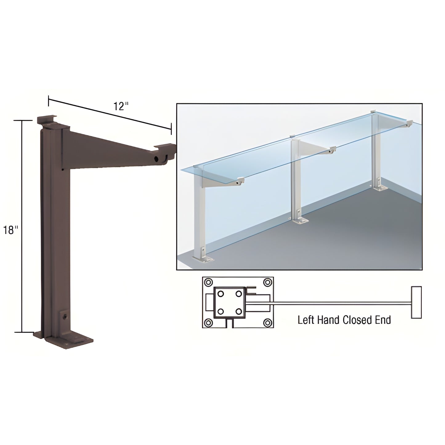 D995DULHCE counter partition post - 18" aluminum left-hand closed end with 12" top shelf support, dark bronze anodized