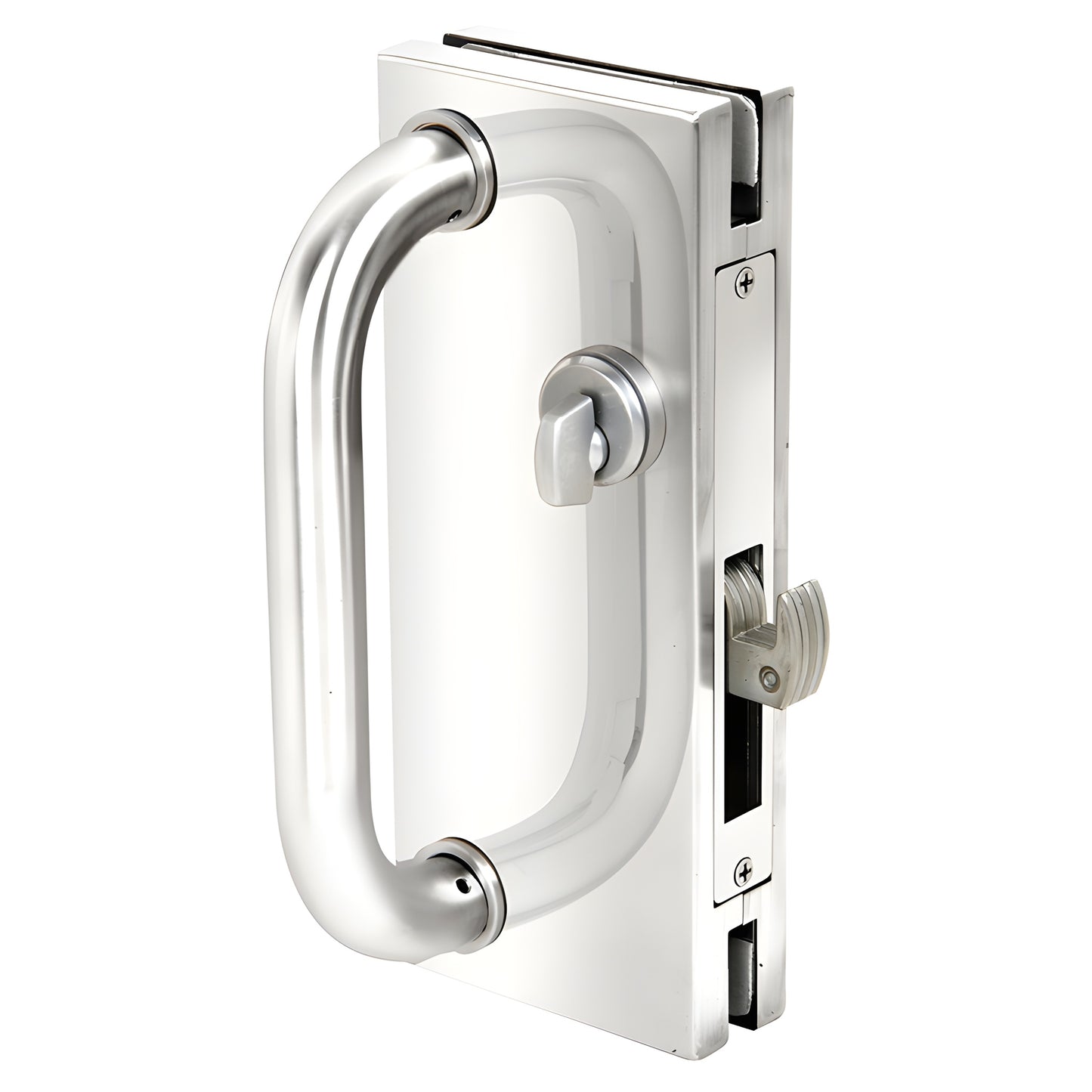 Polished stainless steel 4x10 center lock with D-handle and hook deadlock for 1/2" glass, SKU DH410PS