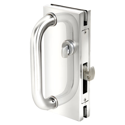 Polished stainless steel 4x10 center lock with D-handle and hook deadlock for 1/2" glass, SKU DH410PS