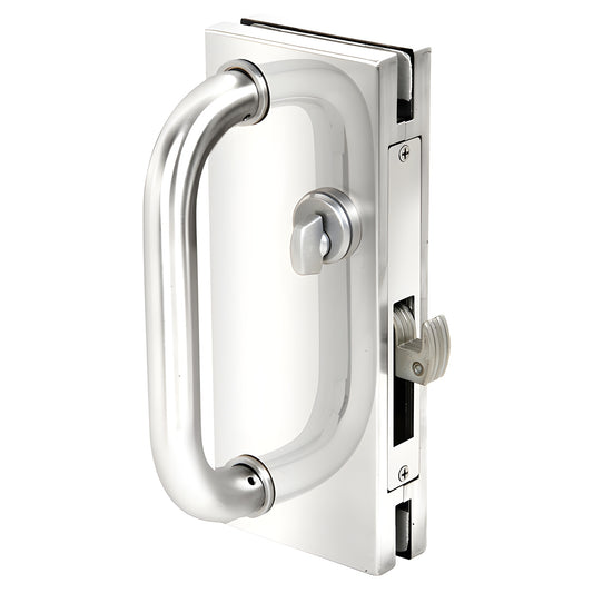 Polished stainless steel 4x10 center lock with D-handle and hook deadlock for 1/2" glass, SKU DH410PS