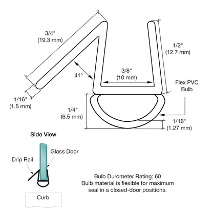P910BWS clear polycarbonate snap-on shower door bottom bulb wipe with 45 drip rail, 95 in, 3/8" glazing.