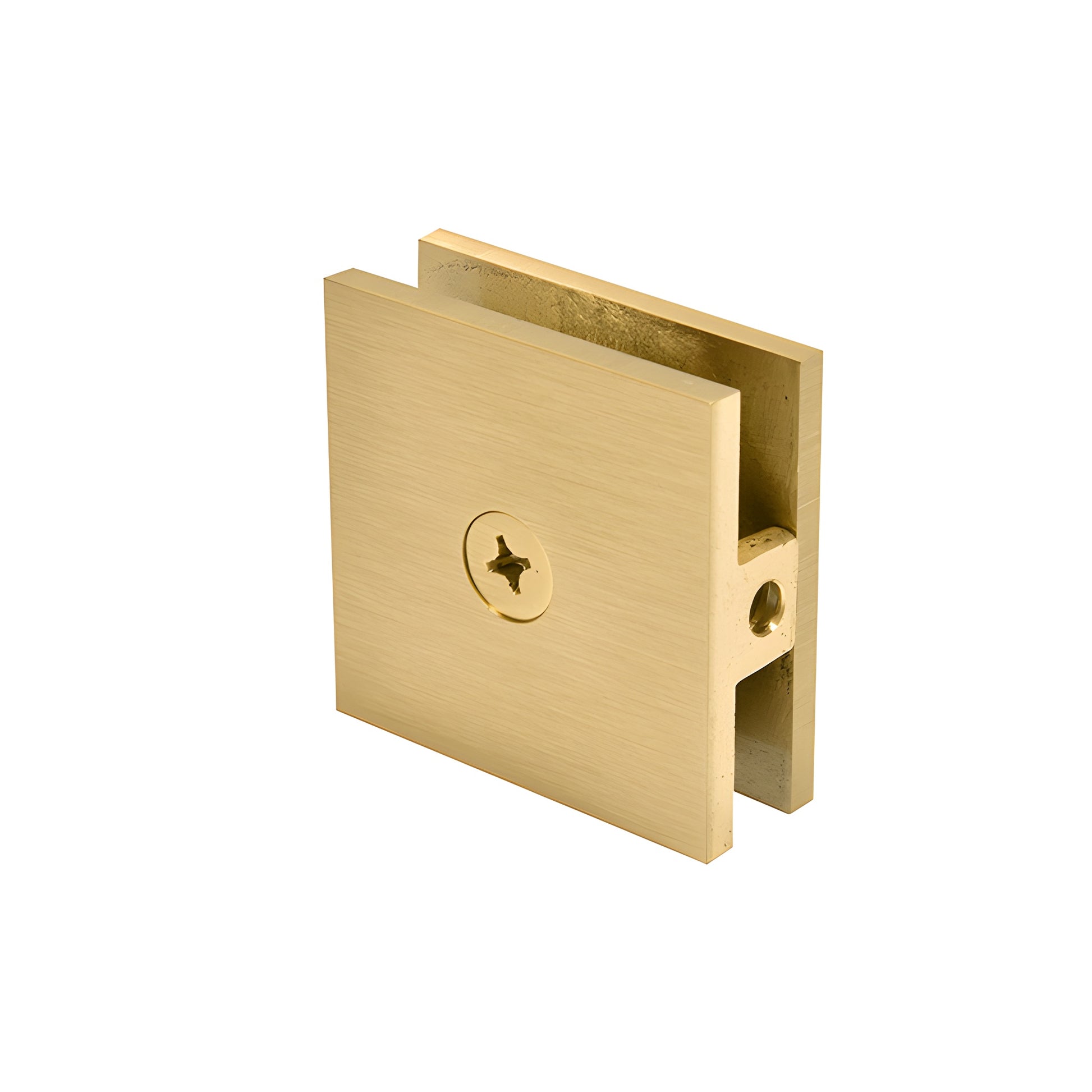 Square satin-brass wall-mount glass clamp SCU4SB for 10-12mm frameless shower or balustrade panels.