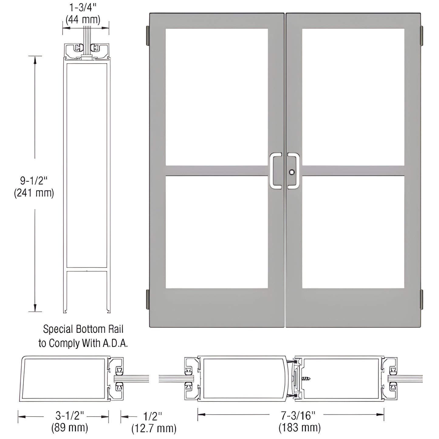CRL CZ42511 clear anodized double-entry medium-stile aluminum door with four glass lites, ADA 9-1/2" bottom rail, panic hardw