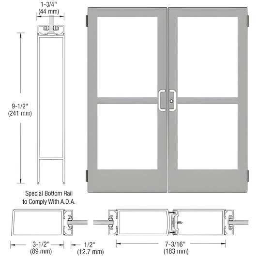 CRL CZ42511 clear anodized double-entry medium-stile aluminum door with four glass lites, ADA 9-1/2" bottom rail, panic hardw