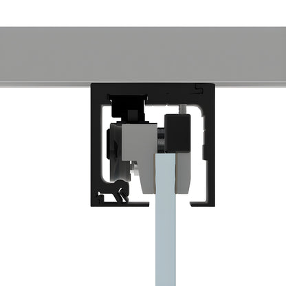 CRL695MBL matte-black sliding door kit, 118" track and tempered glass panel, wall-mounted top cover.