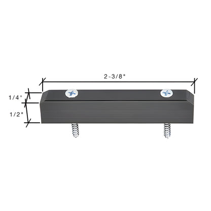 Black nylon lower guide (SKU D30) with two screws, 2-3/8" long, secures sliding panels and prevents lift-out.
