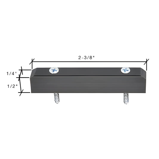 Black nylon lower guide (SKU D30) with two screws, 2-3/8" long, secures sliding panels and prevents lift-out.