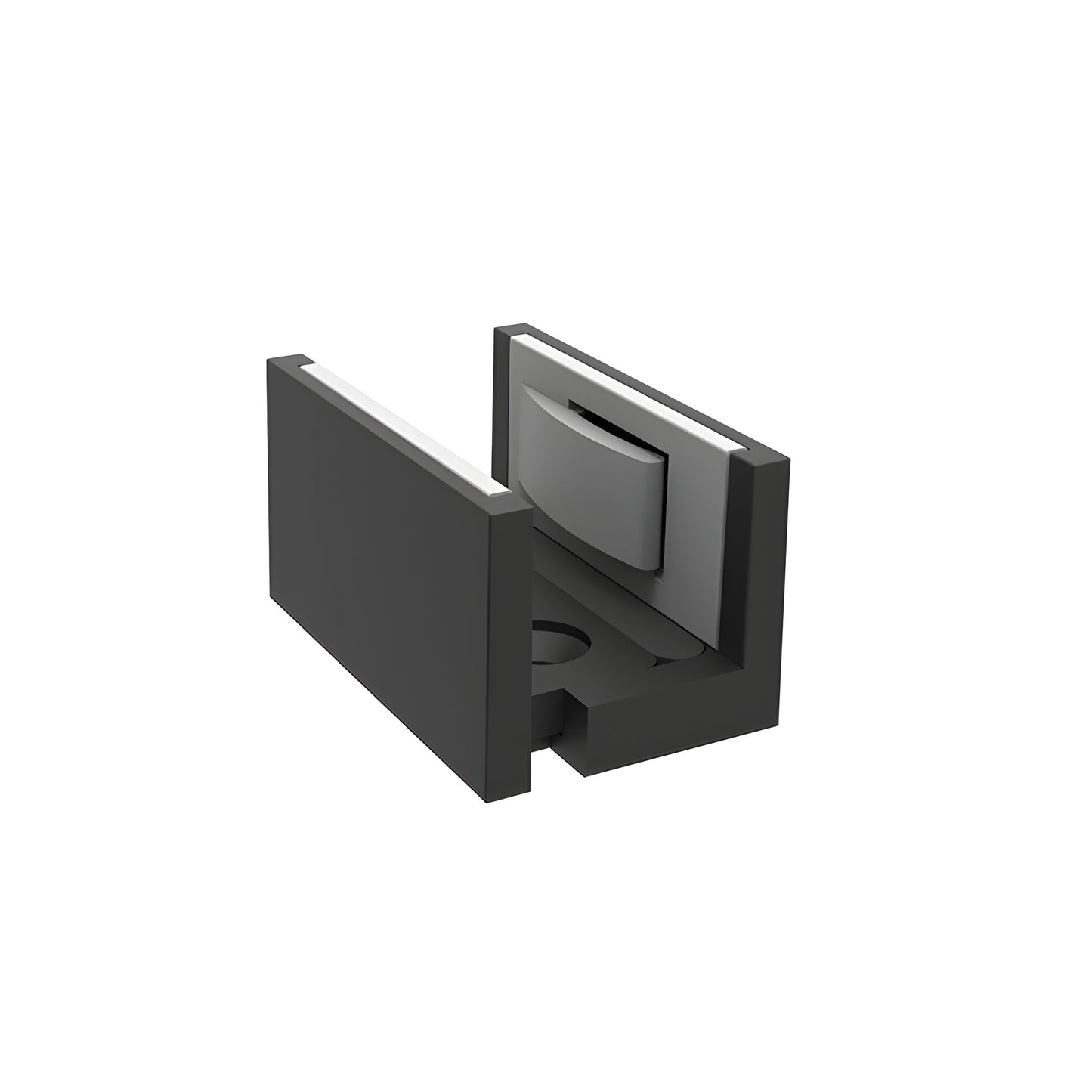 Matte black CRL grid guide (SKU GPBG1MBL) bottom sliding glass door guide and fixed-panel end cap.
