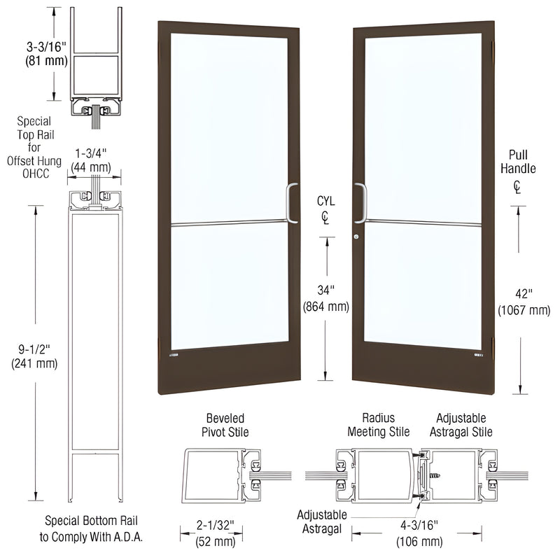 Custom Narrow Stile Entrance Door DE22422, black bronze anodized with large glass, 2 in stiles and 9-1/2 in ADA bottom rail