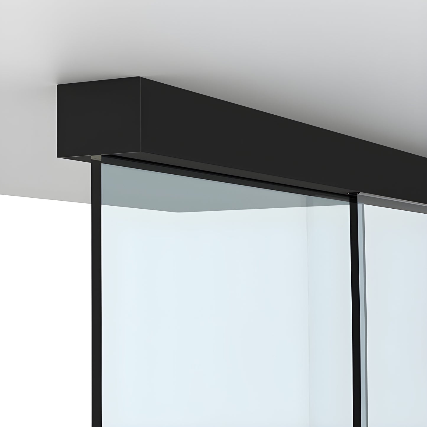 CRL6901MBL matte black ceiling/ wall mount sliding door track with frameless tempered glass panels.