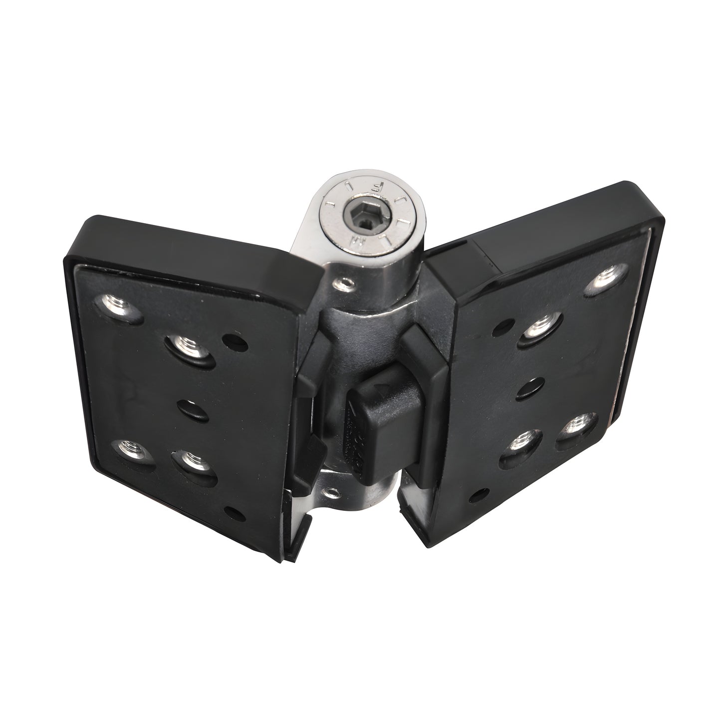 Polaris 200 soft-close gate hinge, black covers with 2205 duplex stainless steel pivot (SKU P0L180200SS)