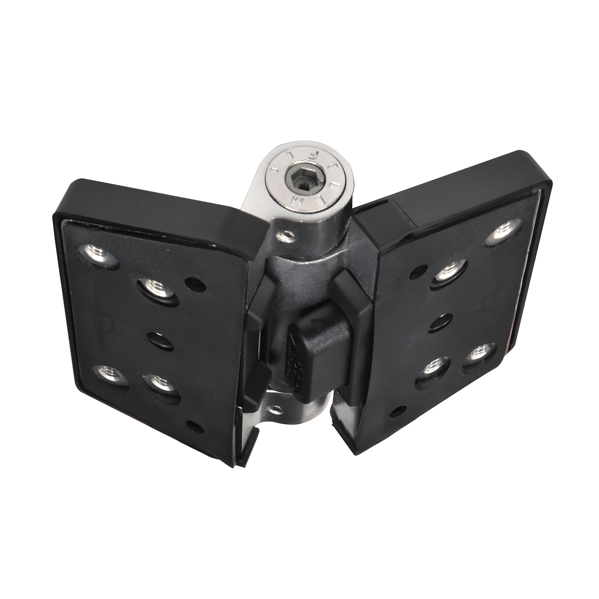 Polaris 200 soft-close gate hinge, black covers with 2205 duplex stainless steel pivot (SKU P0L180200SS)