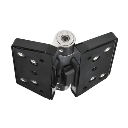Polaris 200 soft-close gate hinge, black covers with 2205 duplex stainless steel pivot (SKU P0L180200SS)