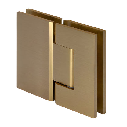 GEN580SB Geneva satin brass glass-to-glass shower hinge, square edge, self-centering 5 preset for 8-12mm glass