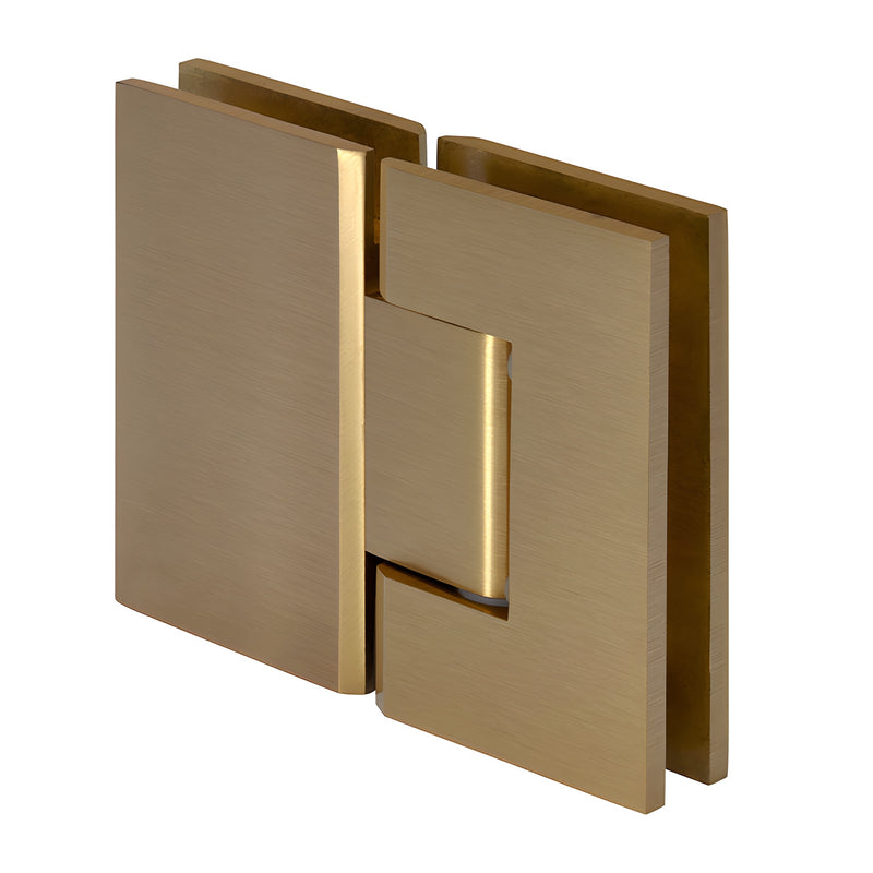 GEN580SB Geneva satin brass glass-to-glass shower hinge, square edge, self-centering 5 preset for 8-12mm glass