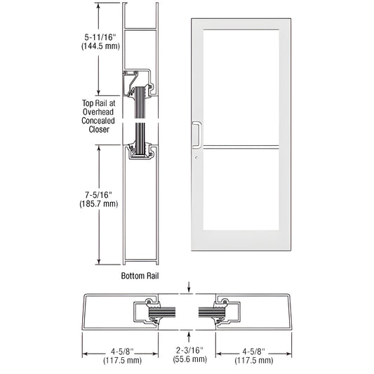 SF41452: White Kynar medium-stile impact door, prepped for overhead concealed closer, 9/16" glazing, lockset.