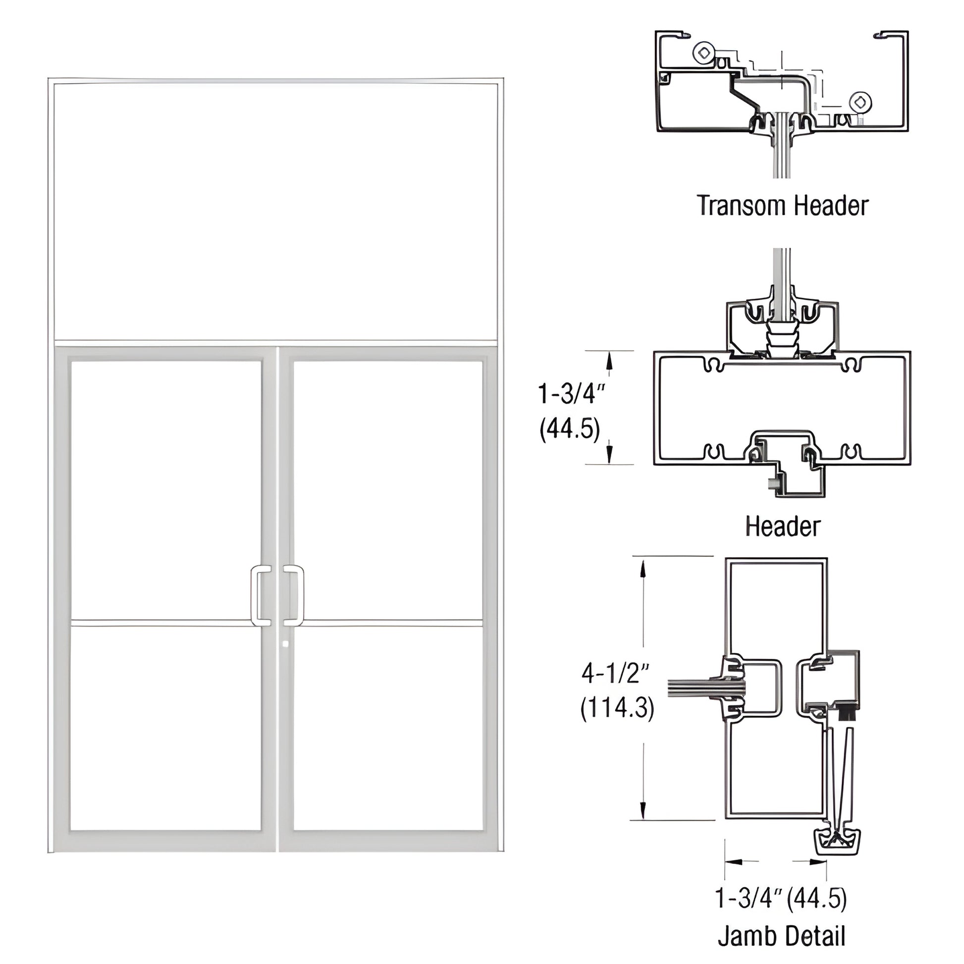 FR62852 white Kynar gear-hinge transom frame for 72x84 double door with aluminum threshold, tubular jambs and header.
